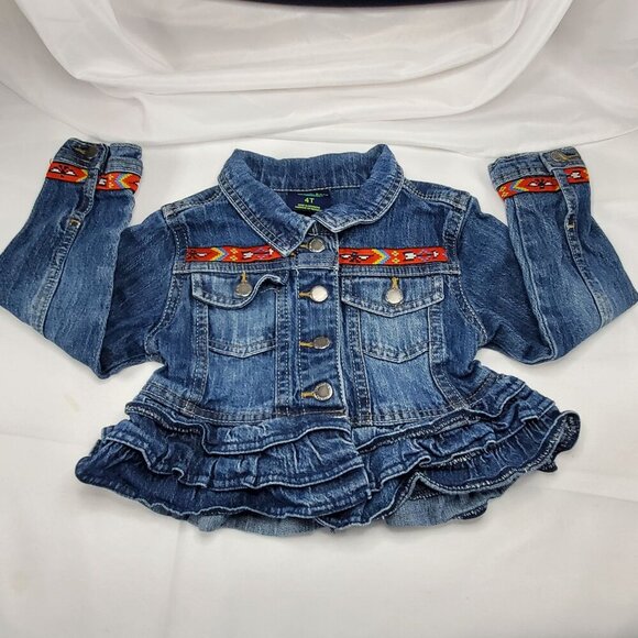 VTG Genuine Kids By OshKosh Girls 4T Denim Jean Jacket Southwestern Ruffle Hem - Picture 4 of 12